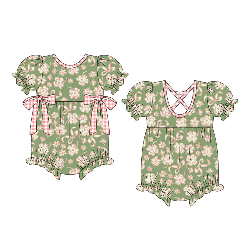 custom moq 5 St Patrick clover flowers green short sleeve bows girls romper