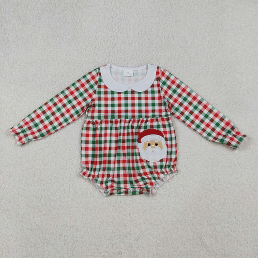 embroidery LR2357 Christmas Santa red green checkered long sleeve girls romper