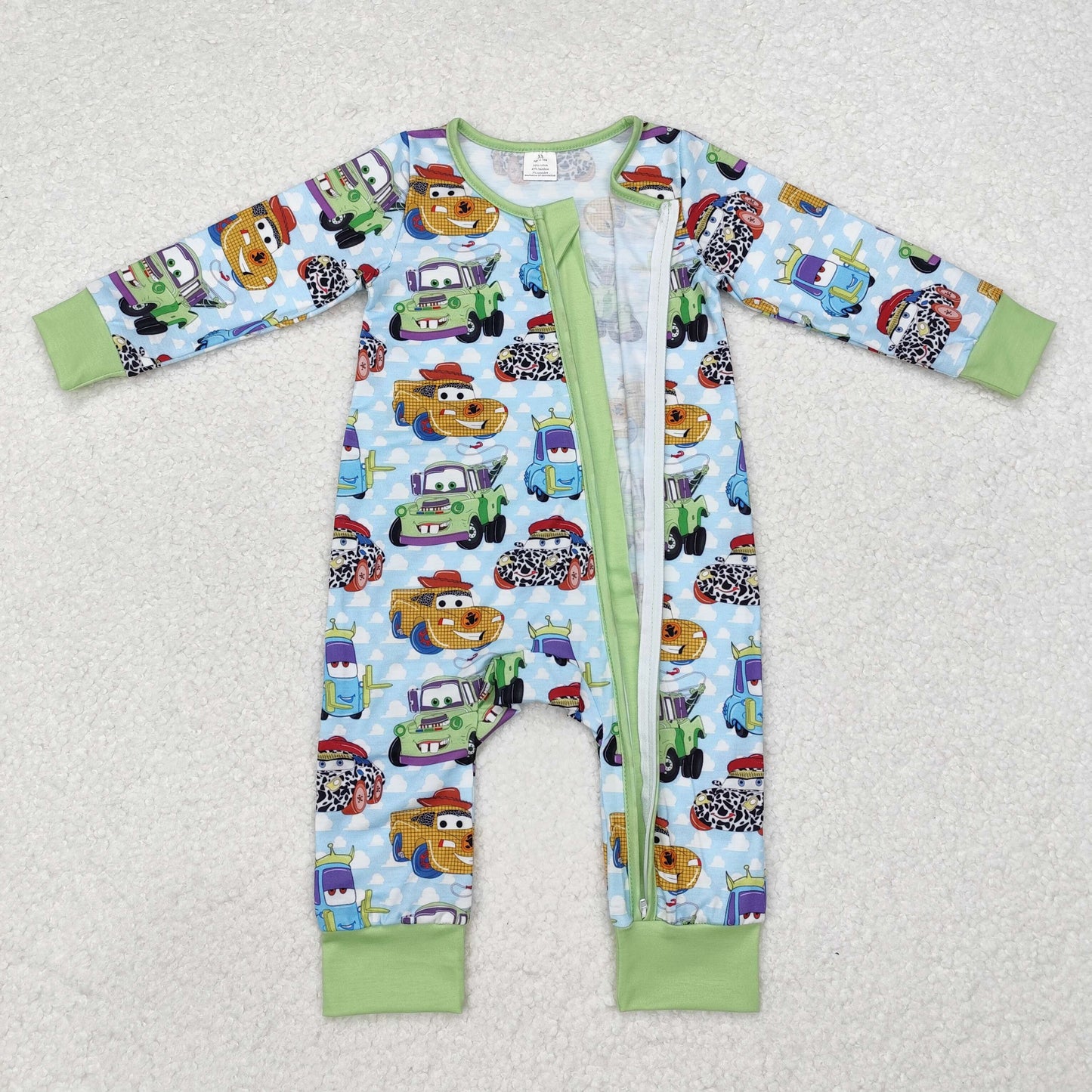 bamboo LR1622 Western cartoon car green long sleeve zipper boys romper