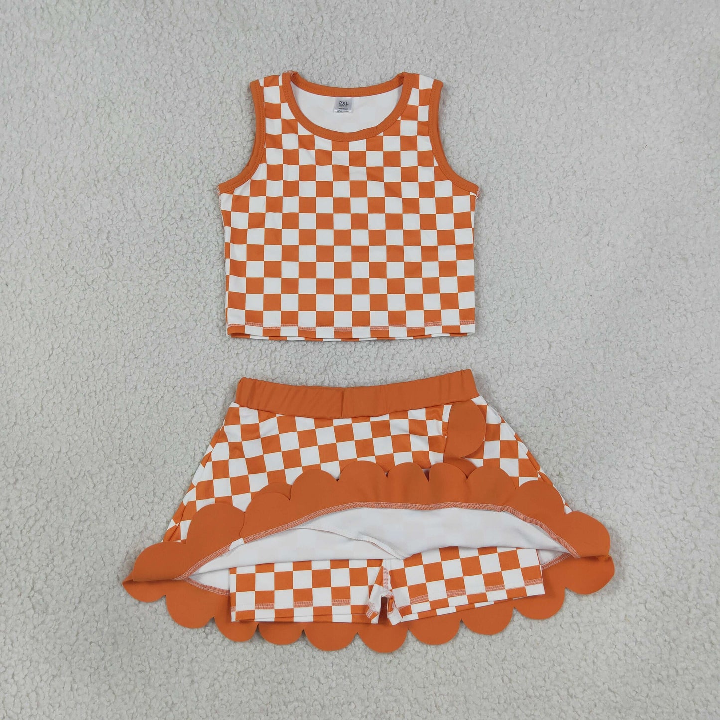 GSD4252 Yoga Orange Checkered Sleeveless Skorts Girls Set