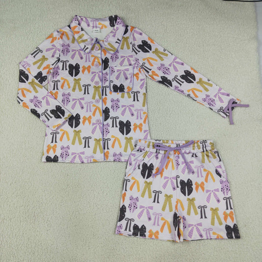 GLS0120 Halloween Bows Purple Long Sleeve Pants Adult Women Pajamas