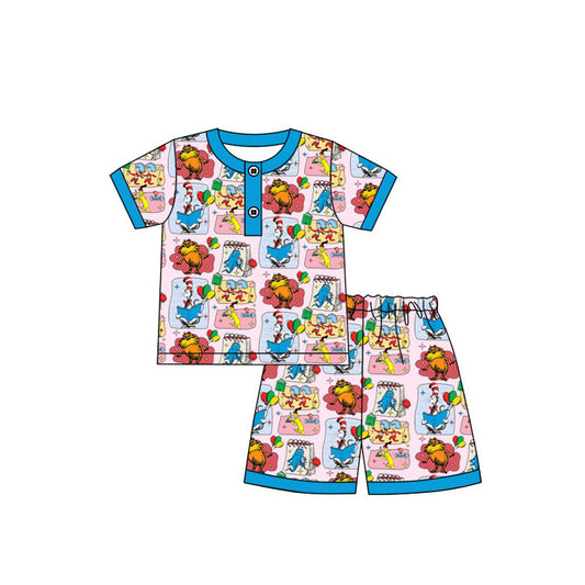 MOQ 3 Custom Cartoon Dr Animals Blue Short Sleeve Shorts Girls Pajamas