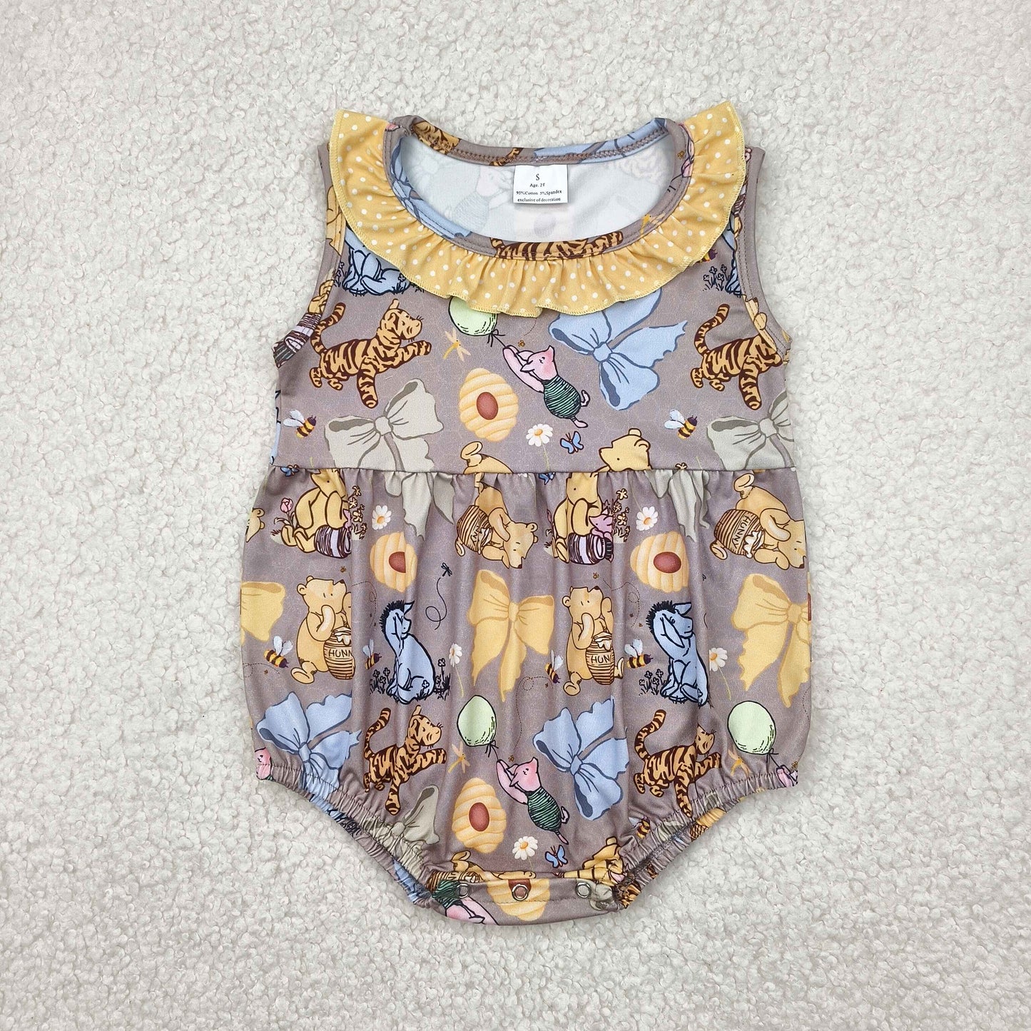 SR2963 cartoon bear tiger bows sleeveless girls romper