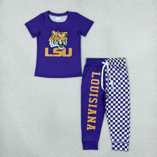 BSPO0698 Offset Printing LOUISIANA Purple Short Sleeve Checkered Pants Boys Set