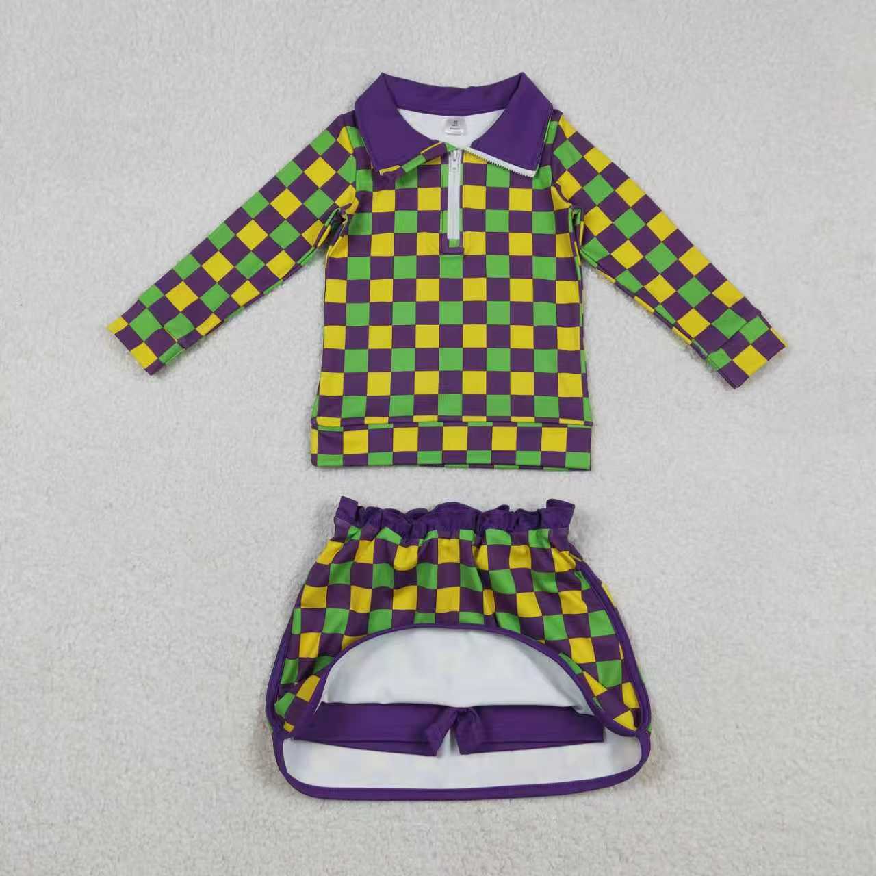 Yoga Mardi Gras Zipper Long Sleeve Skorts Girls Set Sibling Clothes
