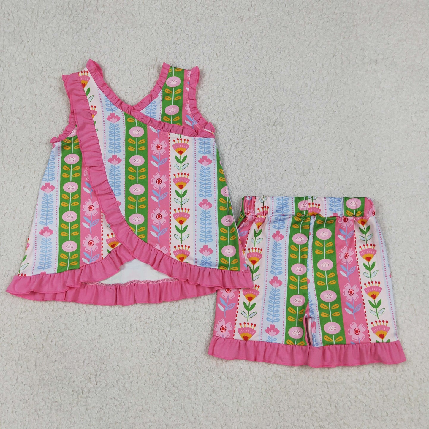 GSSO3676 Colorful Flowers Pink Sleeveless Shorts Girls Set