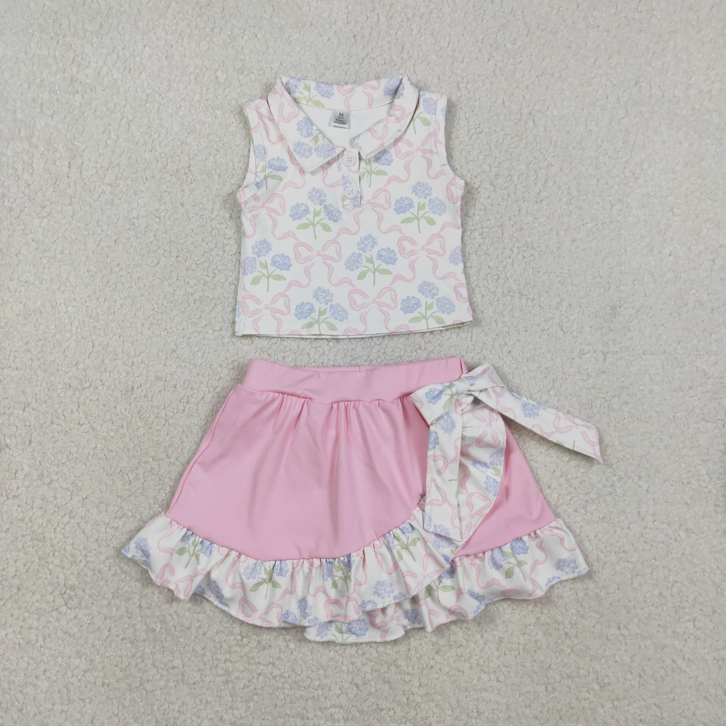 GSD3478 Yoga Blue Flowers Pink Bows Sleeevless Pink Skorts Girls Set