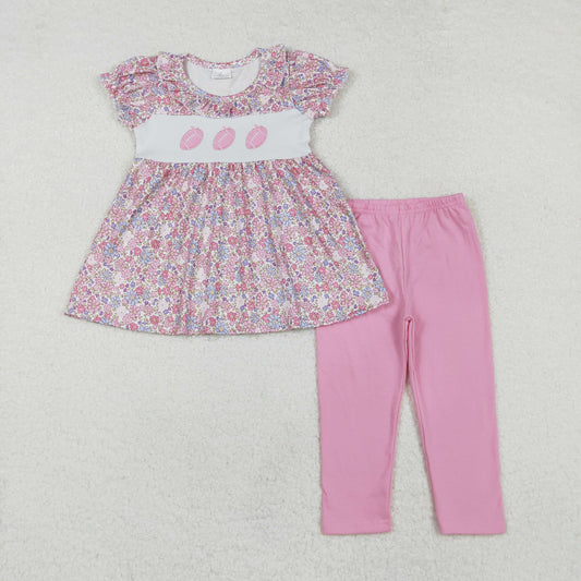 GSPO1714 embroidery pink football flowers short sleeve pink pants girls floral set