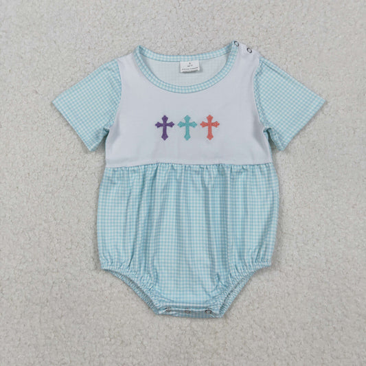 embroidery SR3215 Easter cross blue short sleeve boys romper
