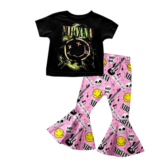 Custom Nirvana Smile Black Short Sleeve Hard Rock Pink Pants Girls Set