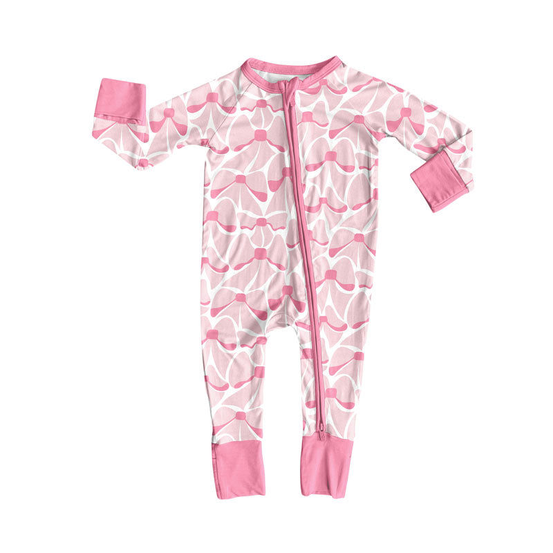 custom moq 5 pink bows zipper long sleeve girls romper