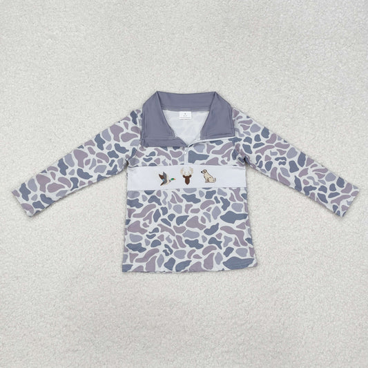 embroidery BT0904 hunting mallard dog deer grey camo zipper long sleeve boys pullover
