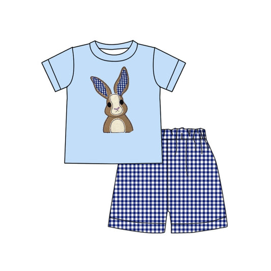 preorder BSSO0299 Easter rabbit blue short sleeve blue checkered shorts boys set