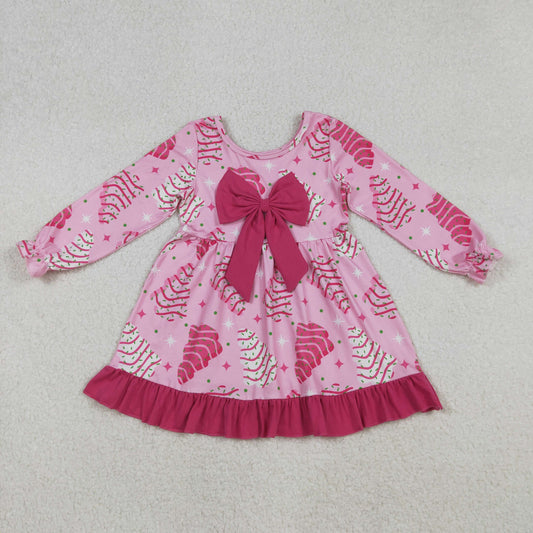 GLD1276 Christmas tis the season tree hot pink big bow long sleeve girls dress