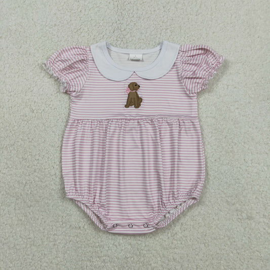 Embroidery SR3476 Cartoon Dog Pink Short Sleeve Girls Romper
