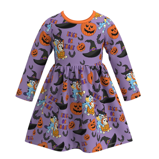 custom style Halloween blue dog pumpkin purple long sleeve girls dress