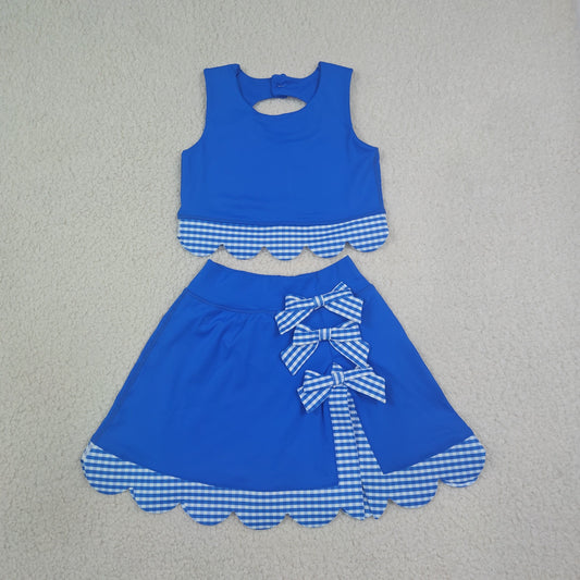preorder Samples GSD4177 Yoga Scallop Blue Sleeveless Bows Skorts Girls Set