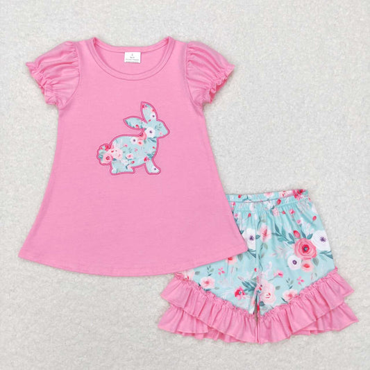 GSSO0386 Easter rabbit pink short sleeve flowers shorts girls set