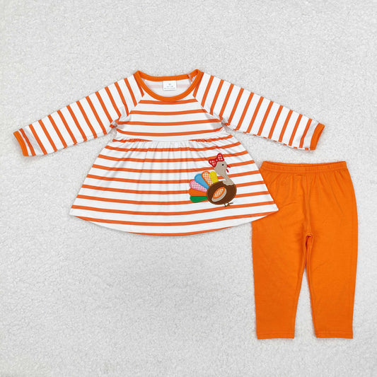 embroidery GLP1604 Thanksgiving turkey orange striped long sleeve orange pants girls set