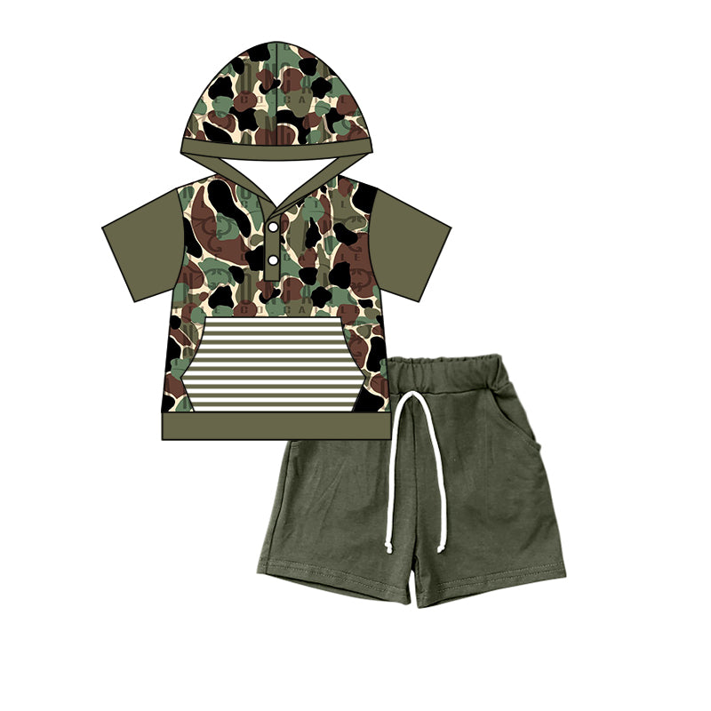 preorder BSSO0317 Camo pocket short sleeve green shorts hoodie boys set