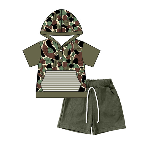 preorder BSSO0317 Camo pocket short sleeve green shorts hoodie boys set