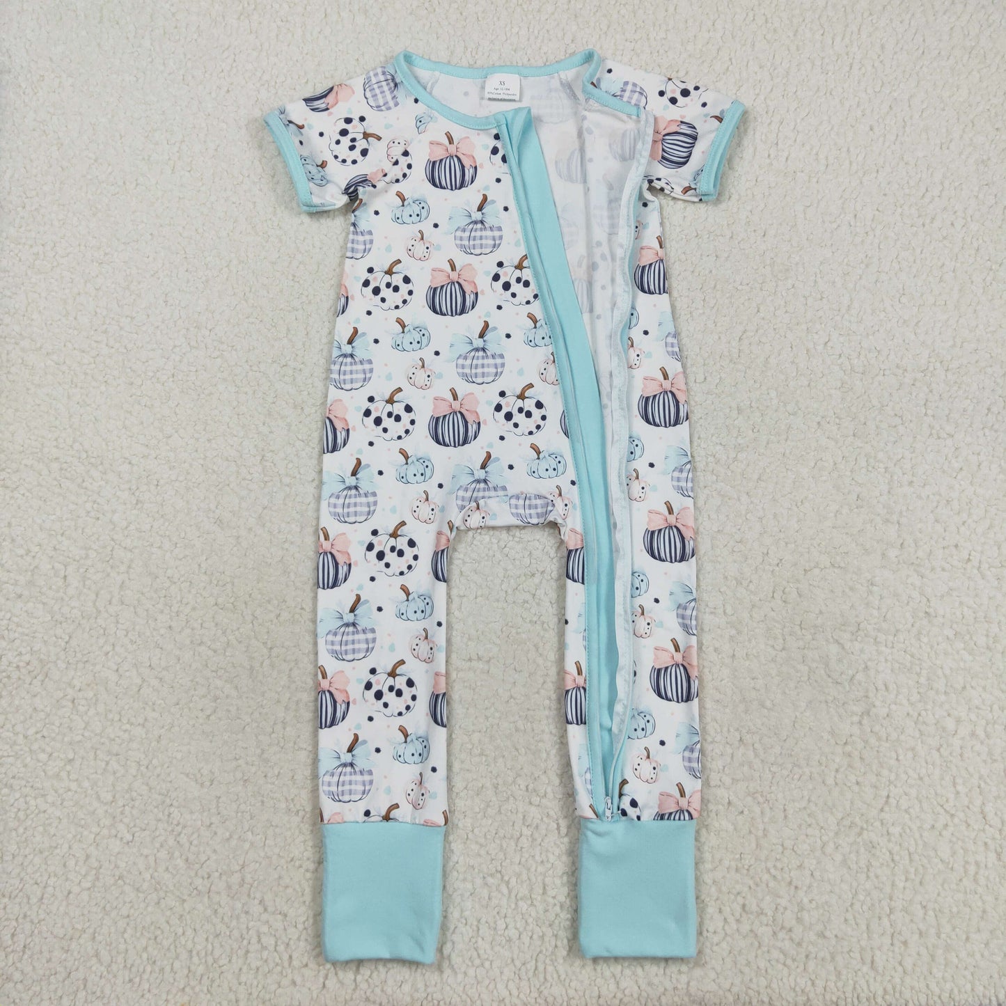 SR3109 Autumn pumokin bows short sleeve zipper girls romper