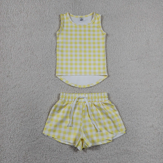 GSSO3475 Yoga Yellow Checkered Sleeveless Shorts Girls Set