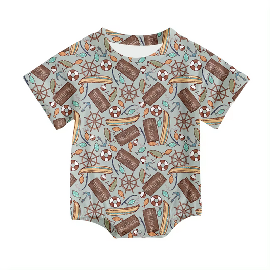 Custom fishing boar  short sleeve baby romper