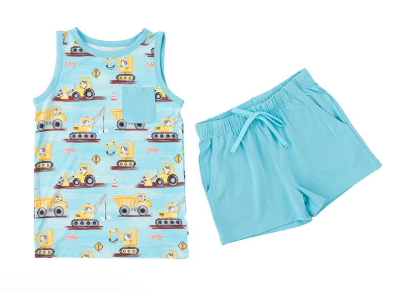 preorder BSSO1519 construction truck pocket blue sleeveless shorts boys Summer set