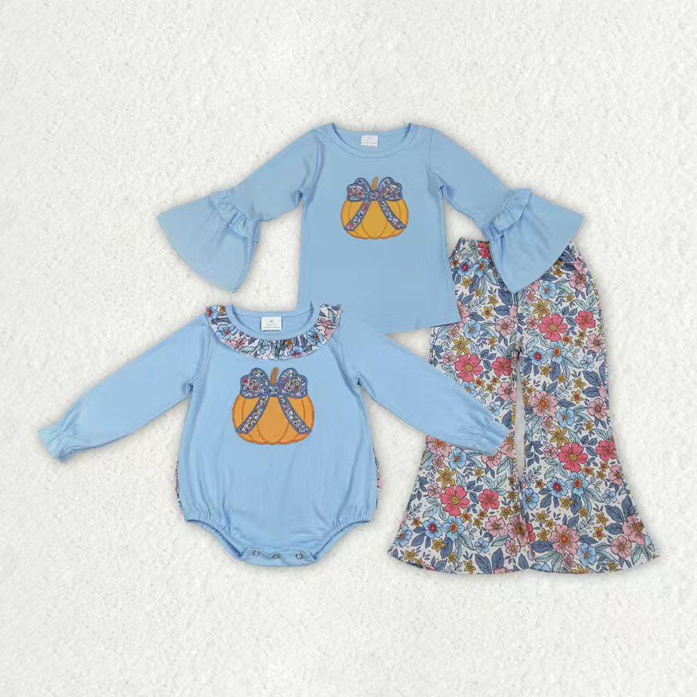 embroidery pumpkin bow flowers blue romper/set RTS Sibling Clothes
