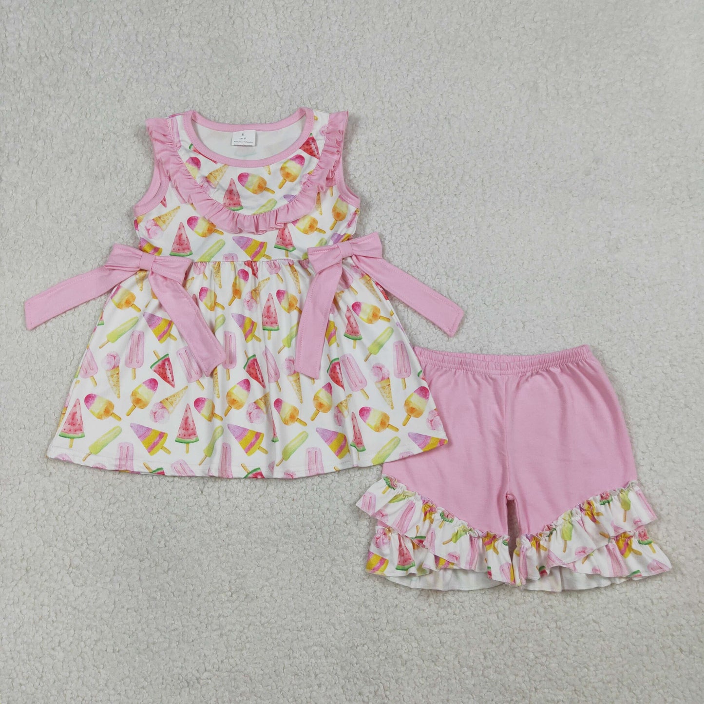 GSSO3067 Ice Pink Bows Sleeveless Shorts Girls Set