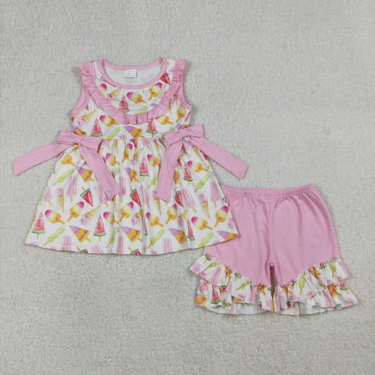 GSSO3067 Ice Pink Bows Sleeveless Shorts Girls Set