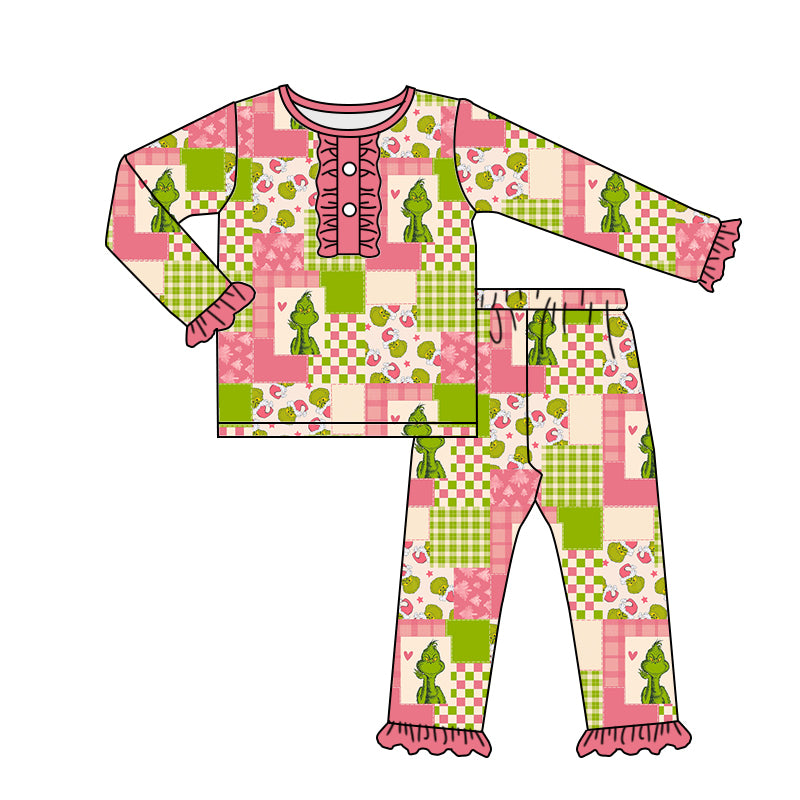 preorder GSPO0846 Christmas green face pink long sleeve girls pajamas