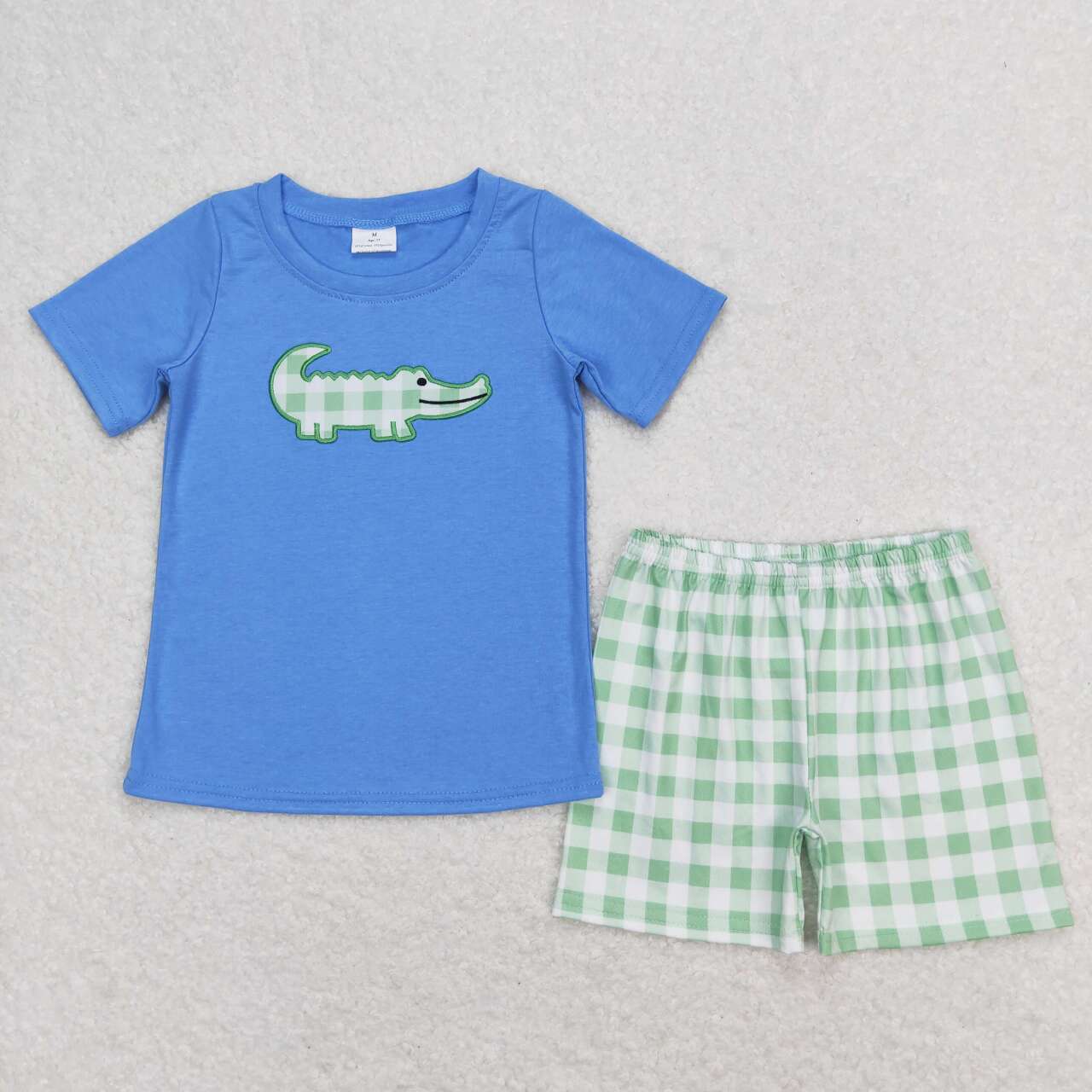 BSSO0736 embroidery crocodile blue short sleeve green checkered shorts boys set