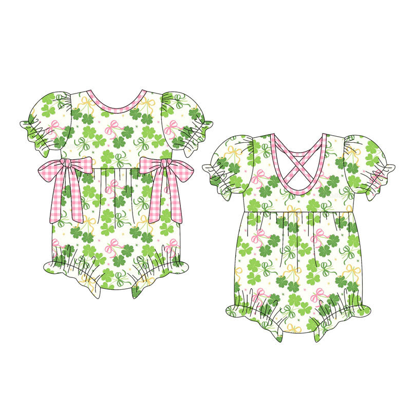 custom moq 5 St Patrick clover bows green short sleeve girls romper