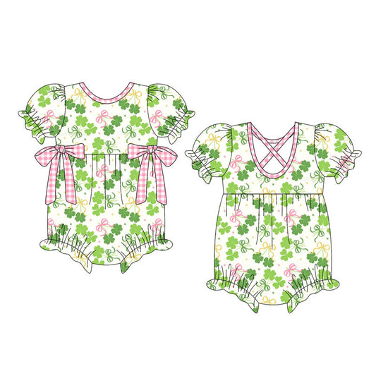custom moq 5 St Patrick clover bows green short sleeve girls romper