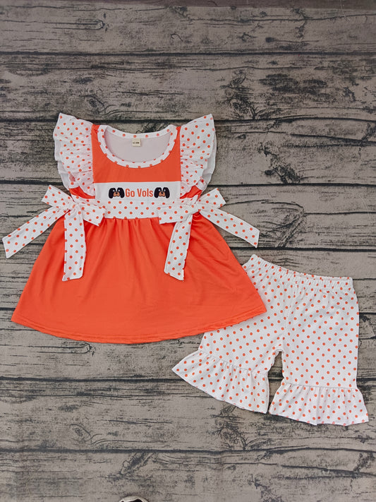 Custom Style (no moq!!!)Dogs Orange Dot Bow Flutter Sleeve Girl Set