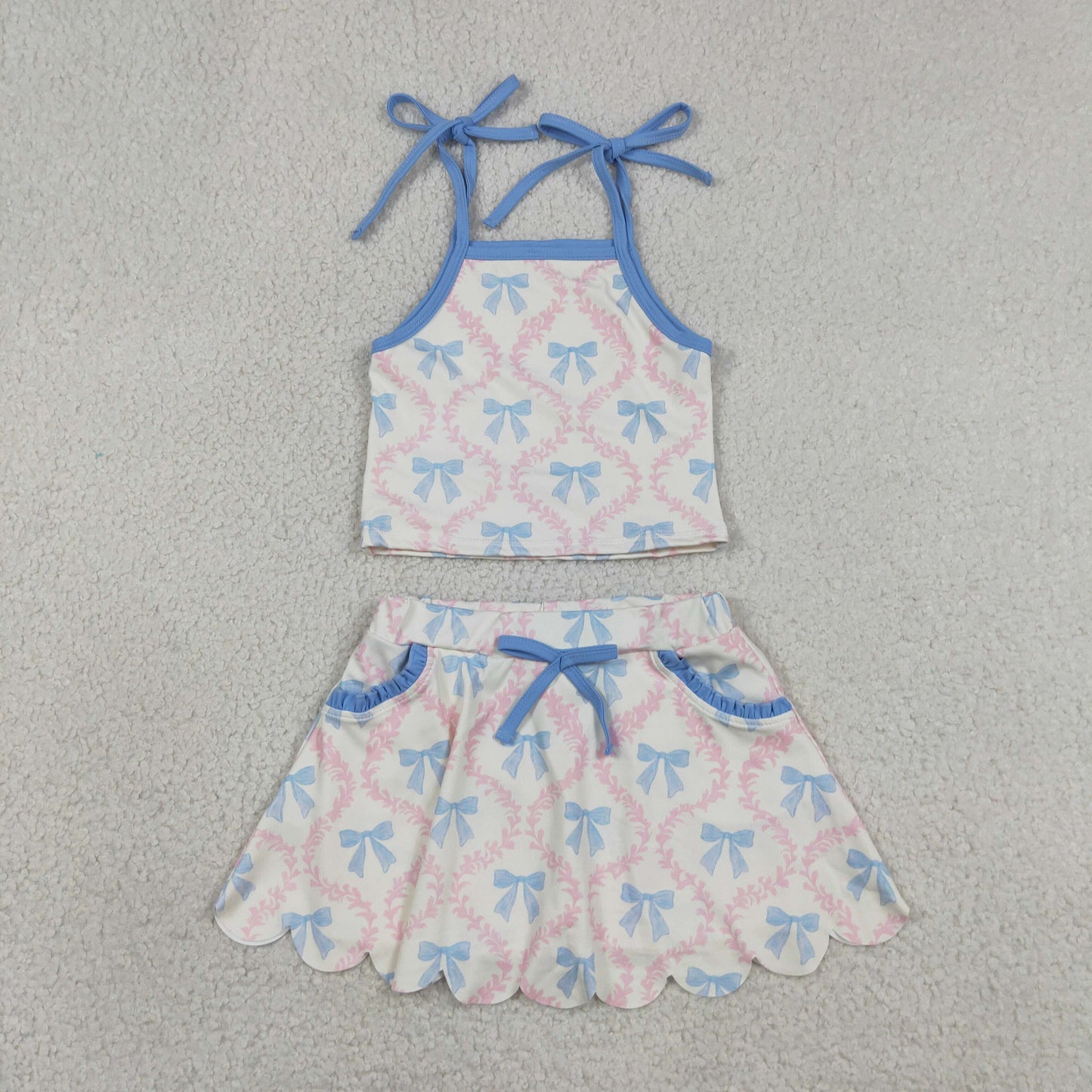 GSD3727 Scallop Yoga Blue Bows Top Skorts Girls Set