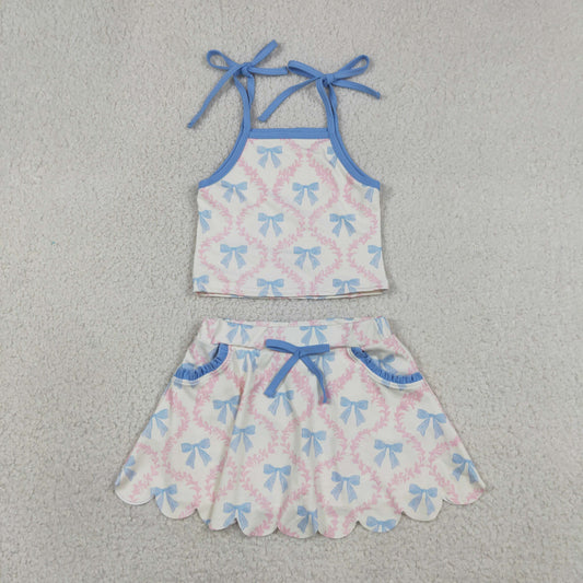 GSD3727 Scallop Yoga Blue Bows Top Skorts Girls Set