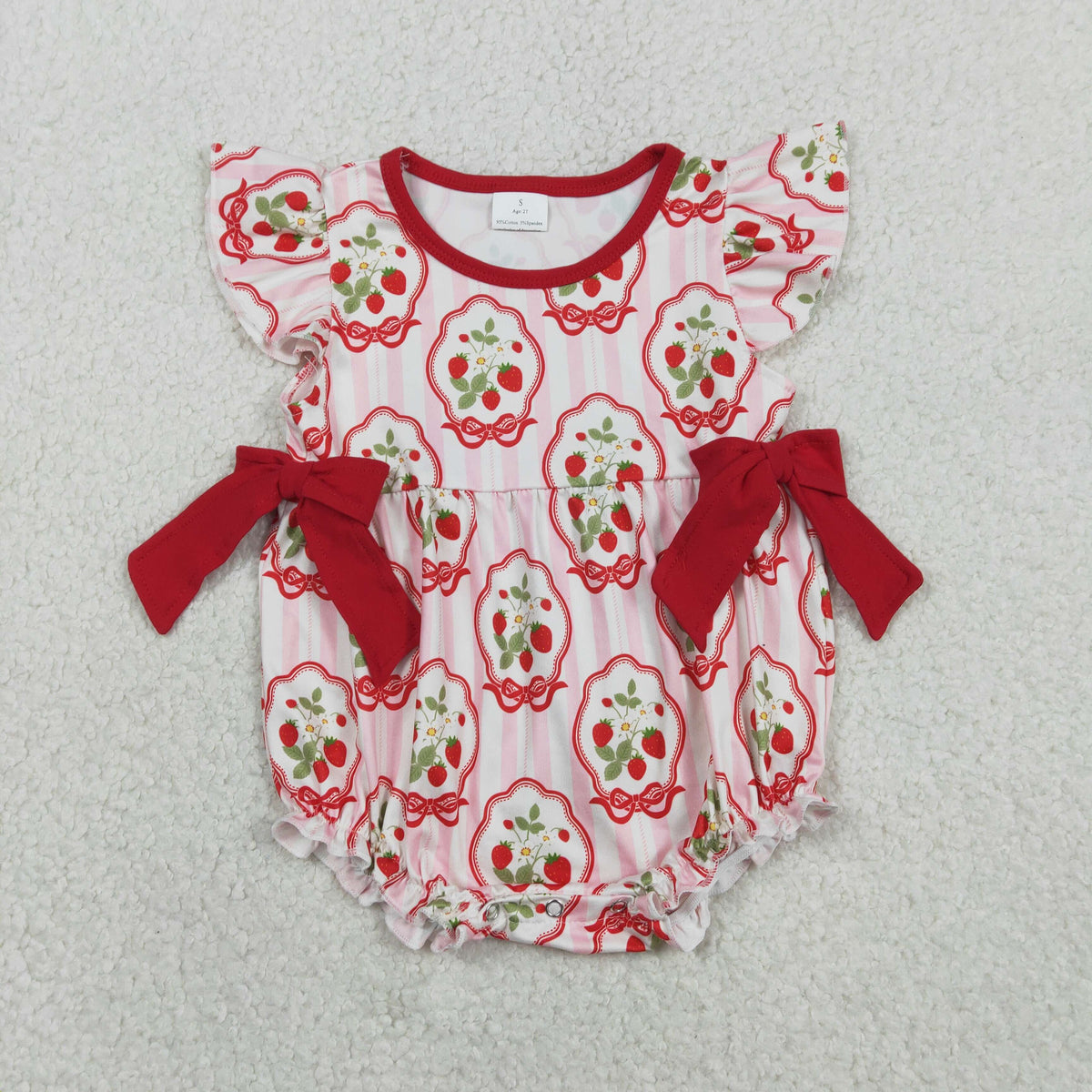 SR3890 Strawberry Flowers Pink Bows Flutter Sleeve Girls Romper
