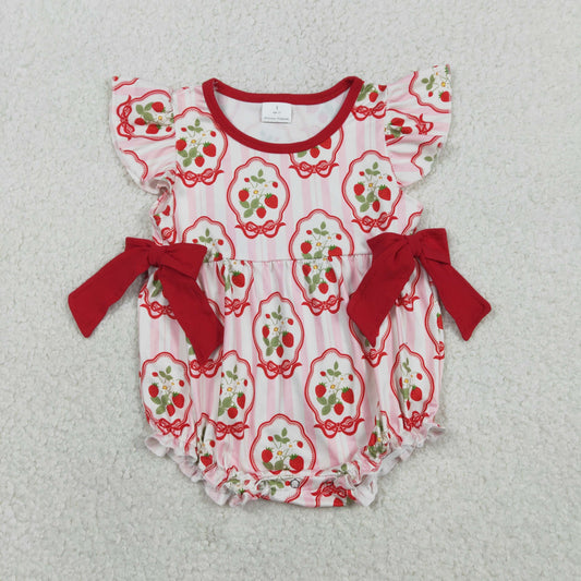 SR3890 Strawberry Flowers Pink Bows Flutter Sleeve Girls Romper