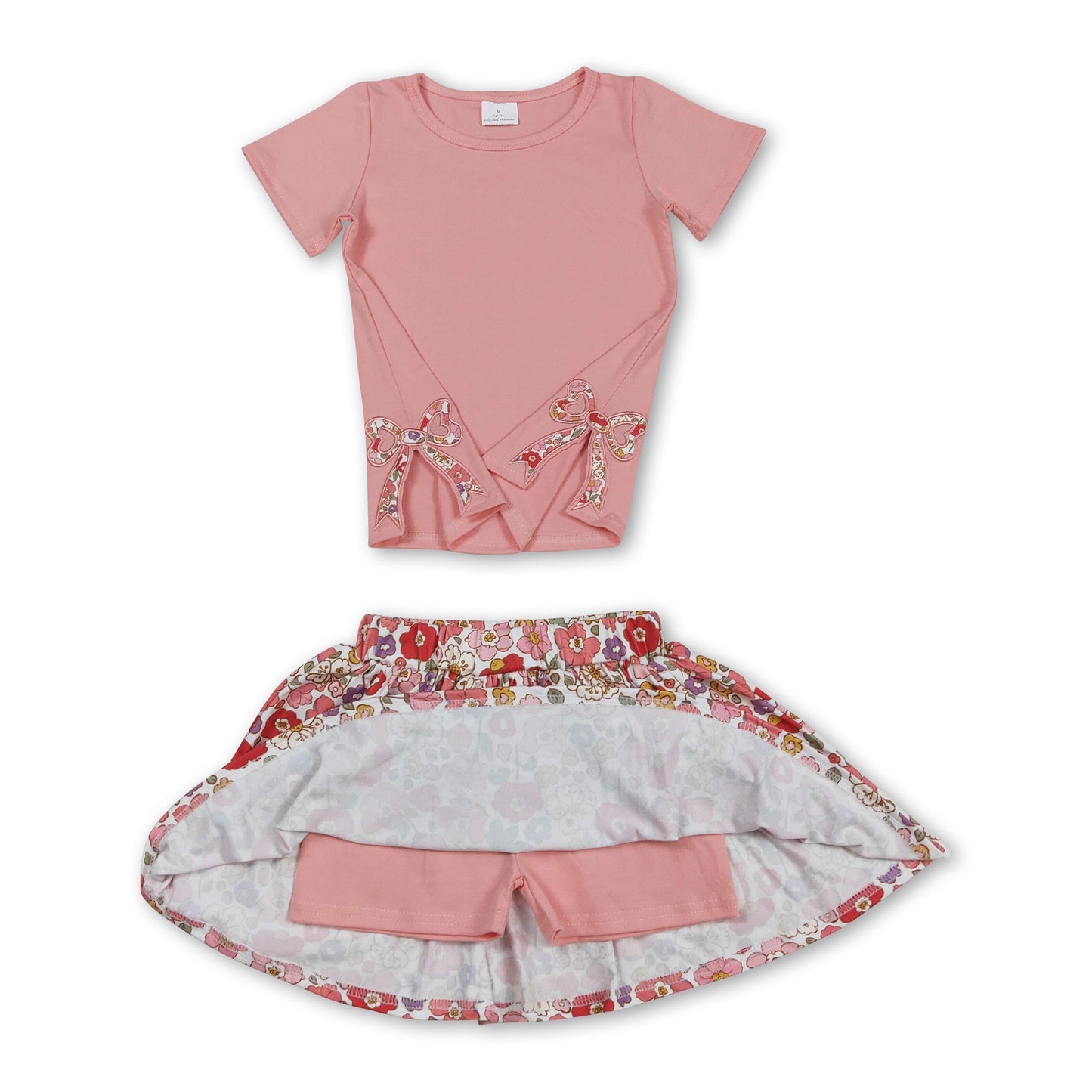 embroidery GSD1721 Split Side Bows Light Pink Short Sleeve Flowers Skirt With Shorts Girls Set