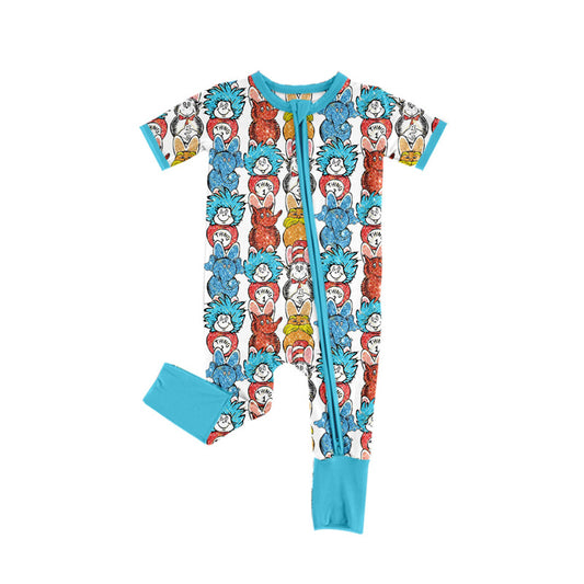 MOQ 3 Custom Cartoon Dr Animals Blue Short Sleeve Zipper Girls Romper