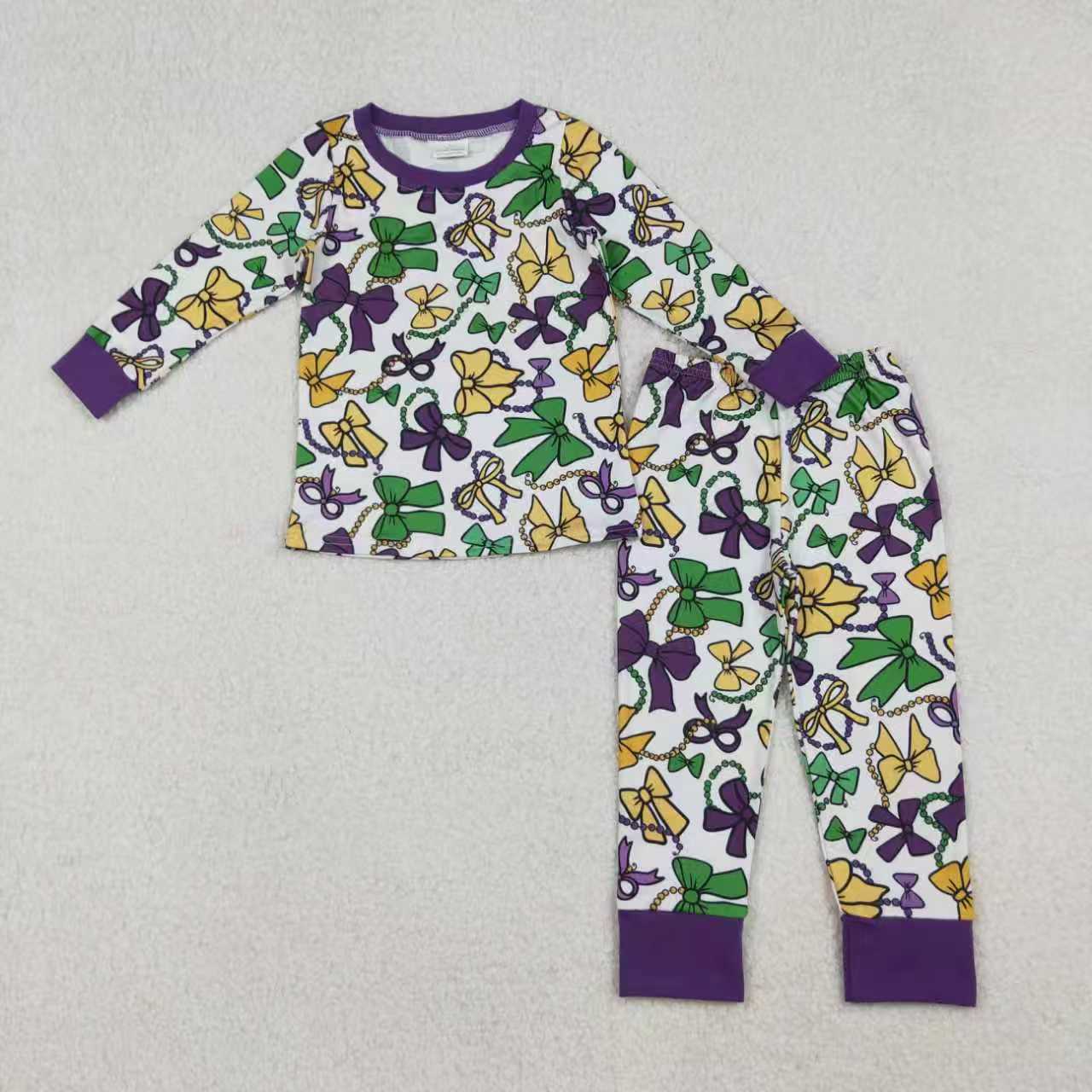 Mardi Gras green yellow purple bows romper/dress/pajamas RTS sibling clothes
