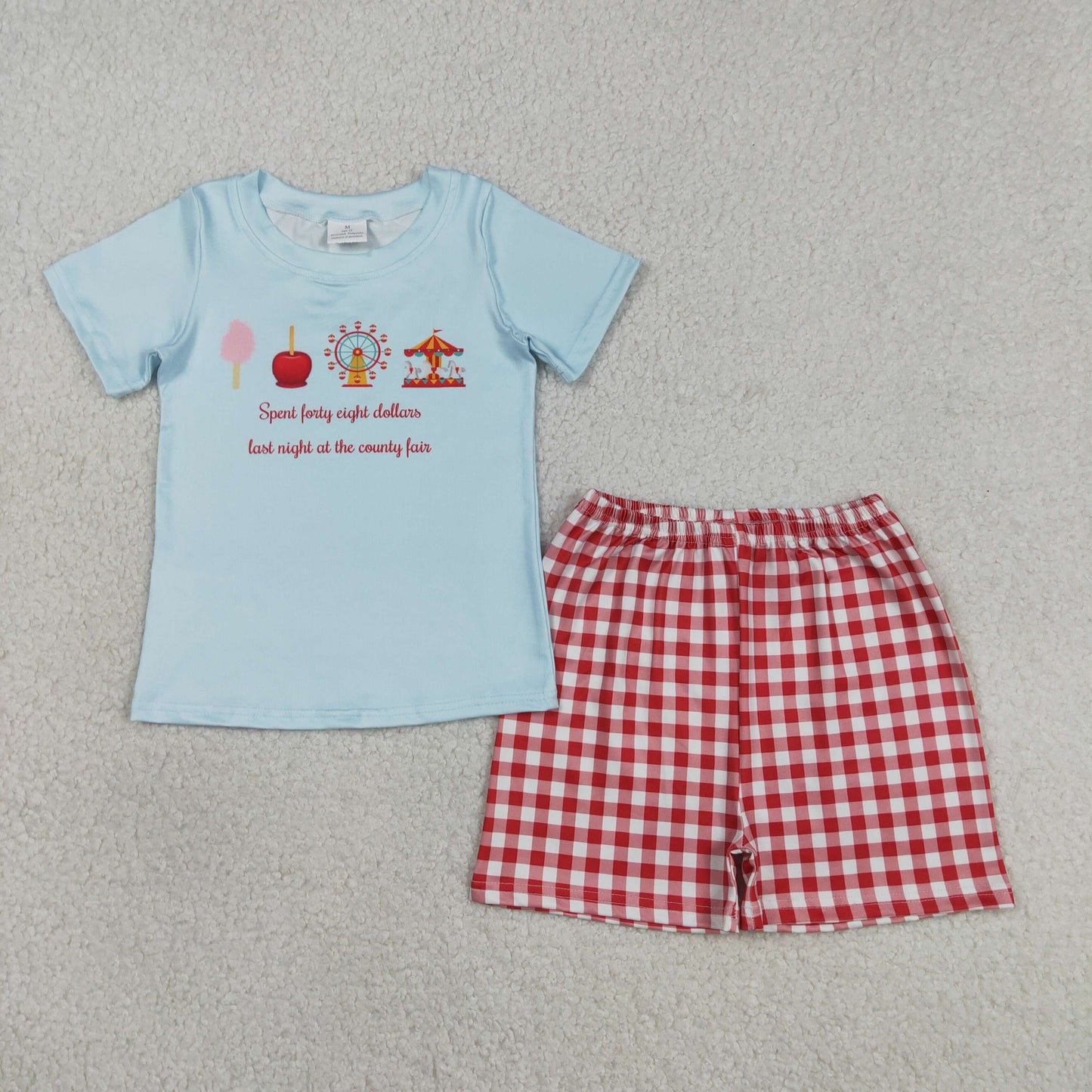 BSSO1482 spent forty eight dollars blue short sleeve red checkered shorts boys set