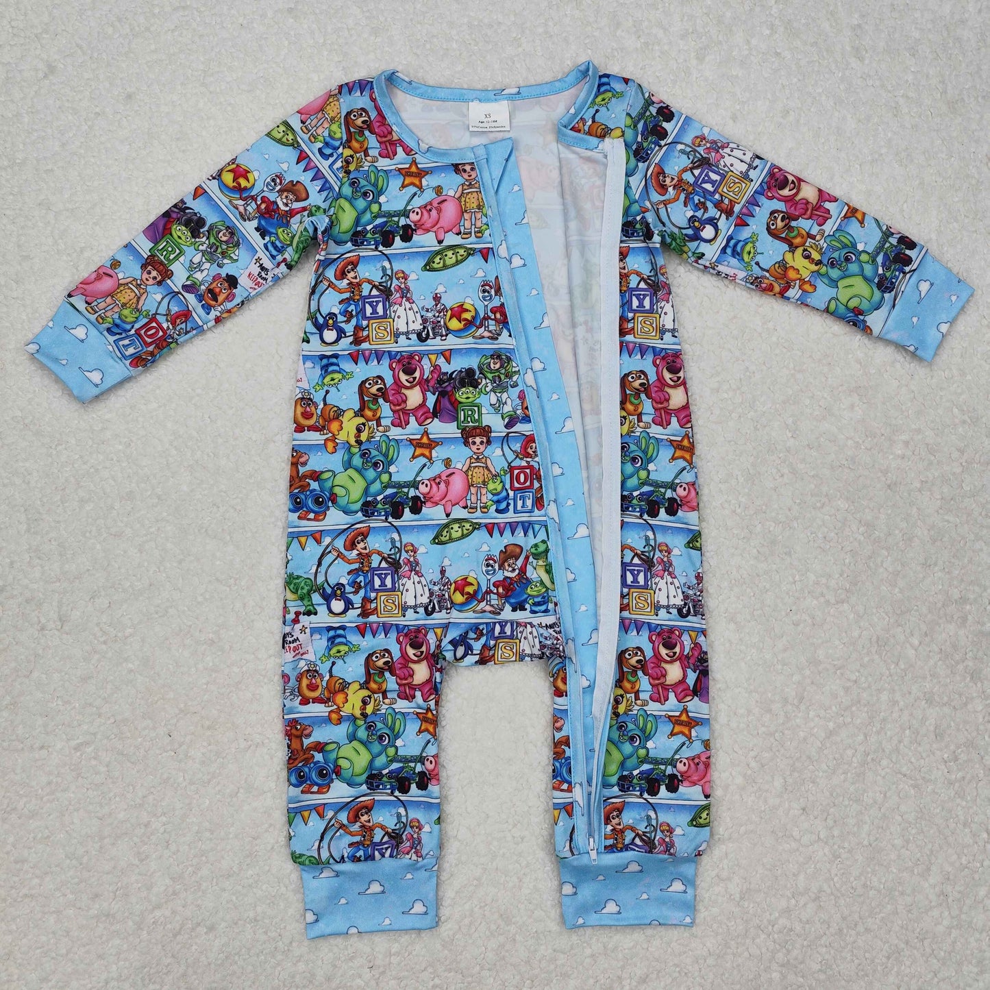 Custom moq 20 bamboo Cartoon Toy Bear Animals Blue Long Sleeve Zipper Baby Boys Romper