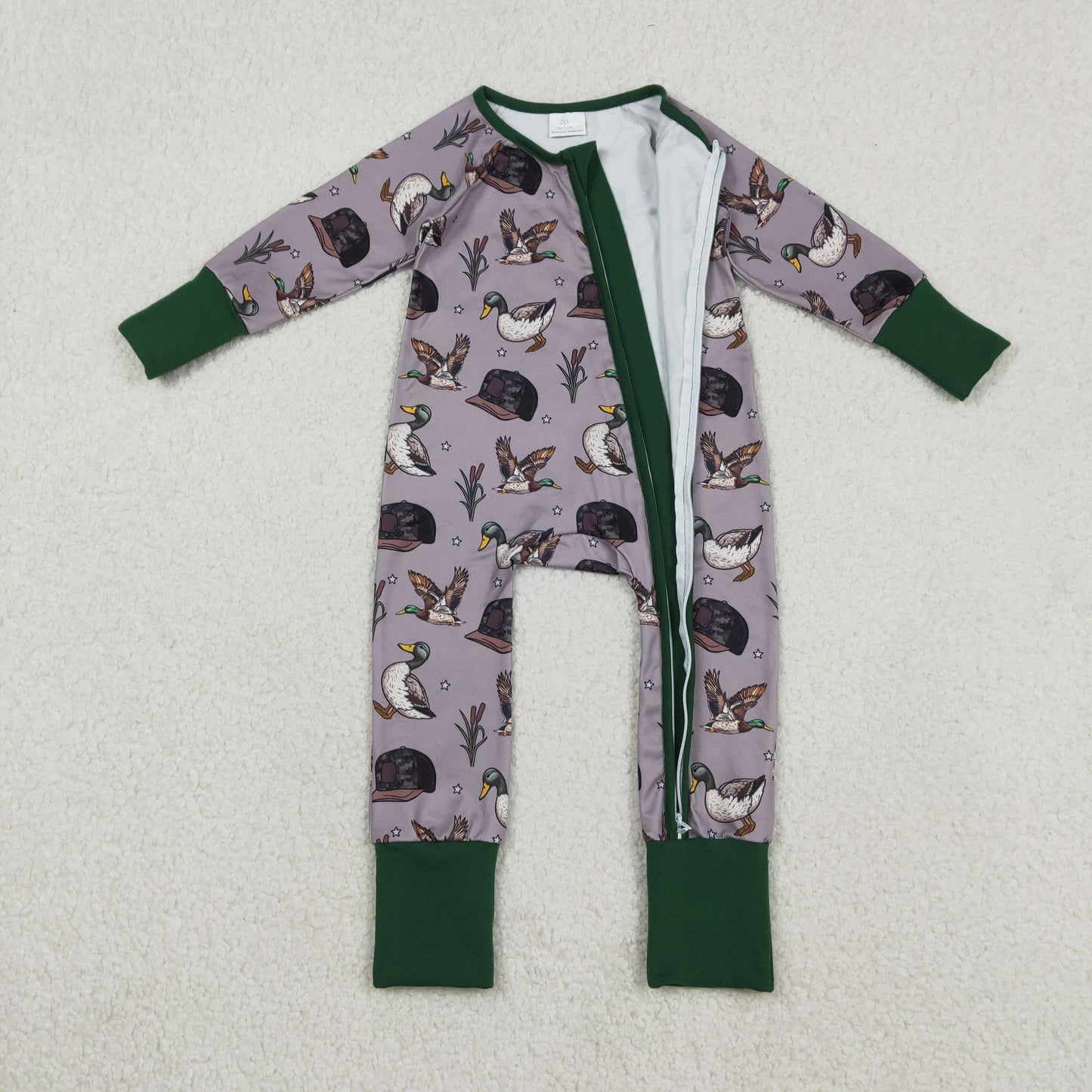 LR2886 Hunting Mallard Duck Hat Green Zipper Long Sleeve Boys Romper