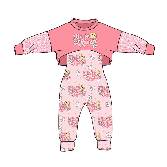 custom S 8.4 Smile flowers pink long sleeve jumpsuits girls set