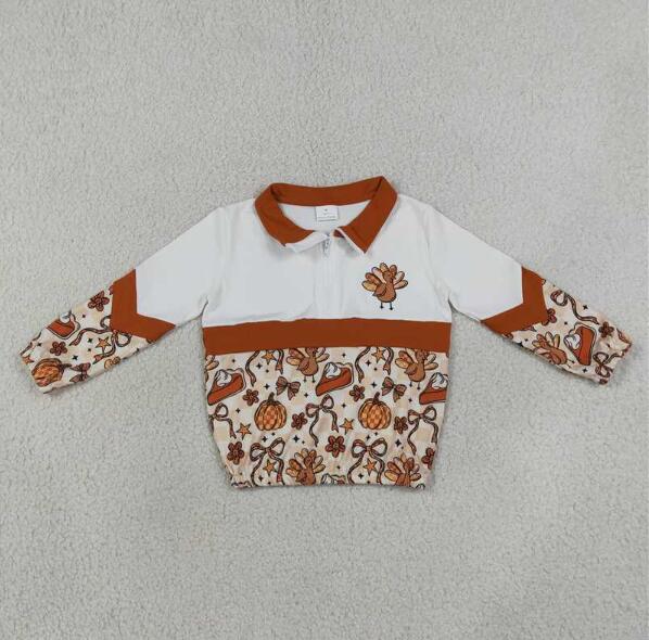 GT1723 Thanksgiving Turkey Pie Zipper Long Sleeve Girls Top