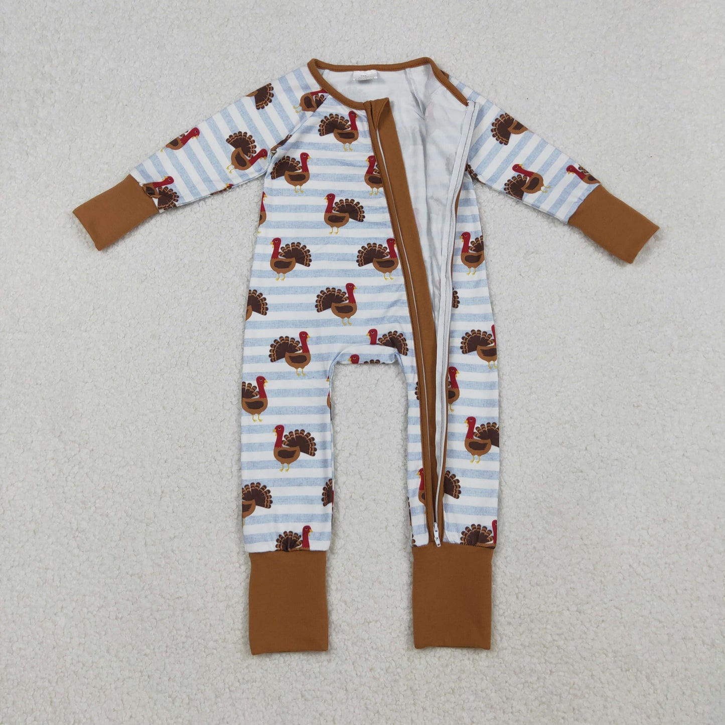 LR1191 Thanksgiving turley blue striped brown zipper long sleeve boys romper